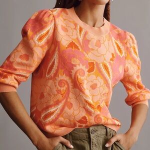 Farm Rio x Anthropologie Paisley Pullover Sweater - Boho Coral Pink - Size Small